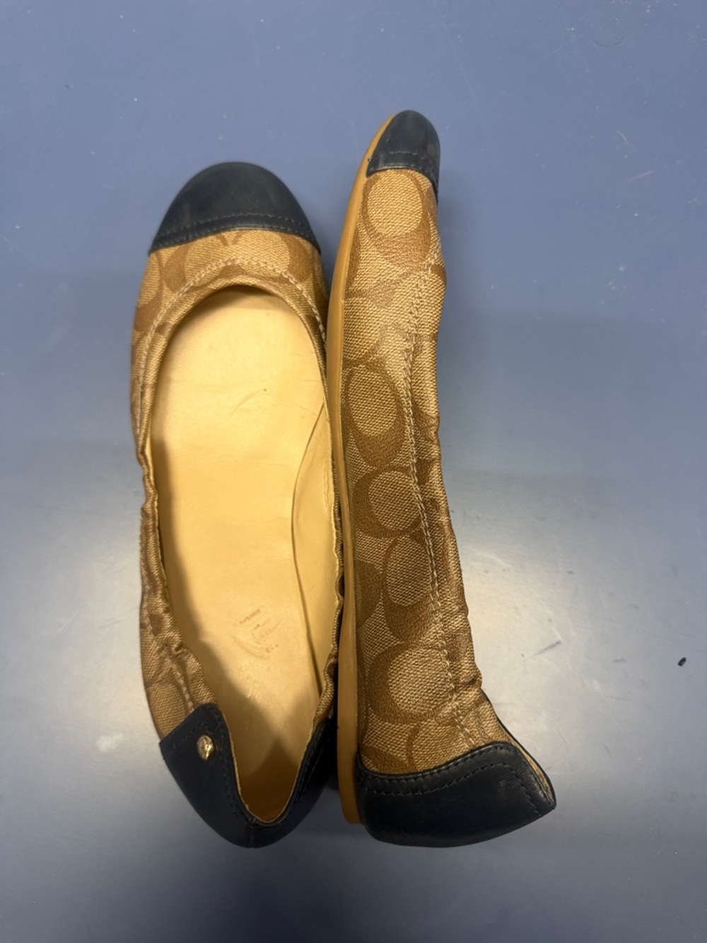 Coach Brown Signature Canvas Ballet Flats with Black Cap Toe